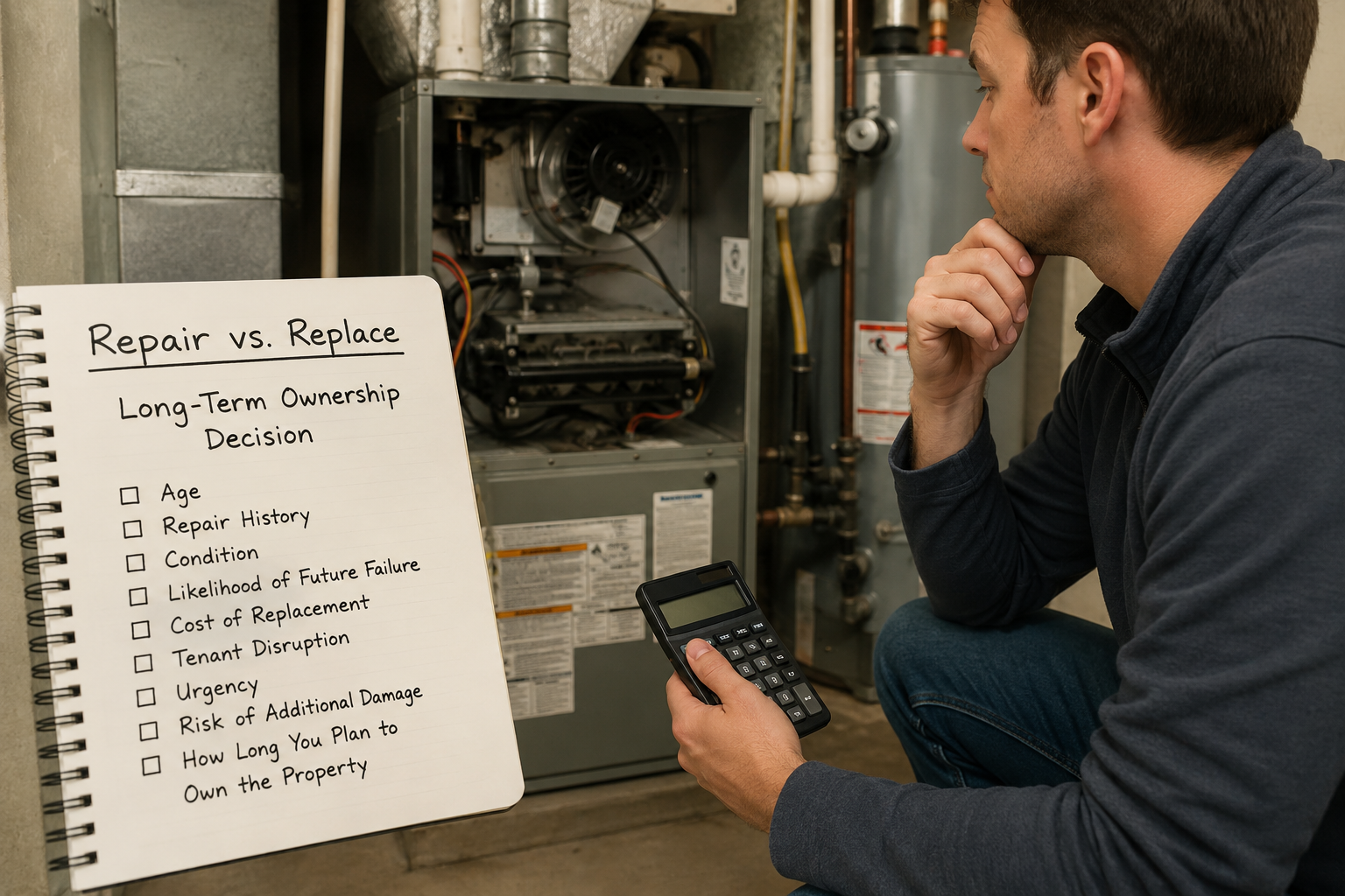 repair%20or%20replace repair person looking at a broken appliance and using a rent or replace making list